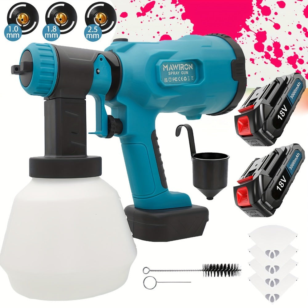 Rociador de Pintura Compatible con Batería Makita 18V, 2x Baterías Inalámbricas de 3000mAh, Distancia de Pintado de 20cm, 3 Boquillas (1.0/1.8/2.5mm), Kit de Limpieza, Rociador Manual para Paredes y Madera