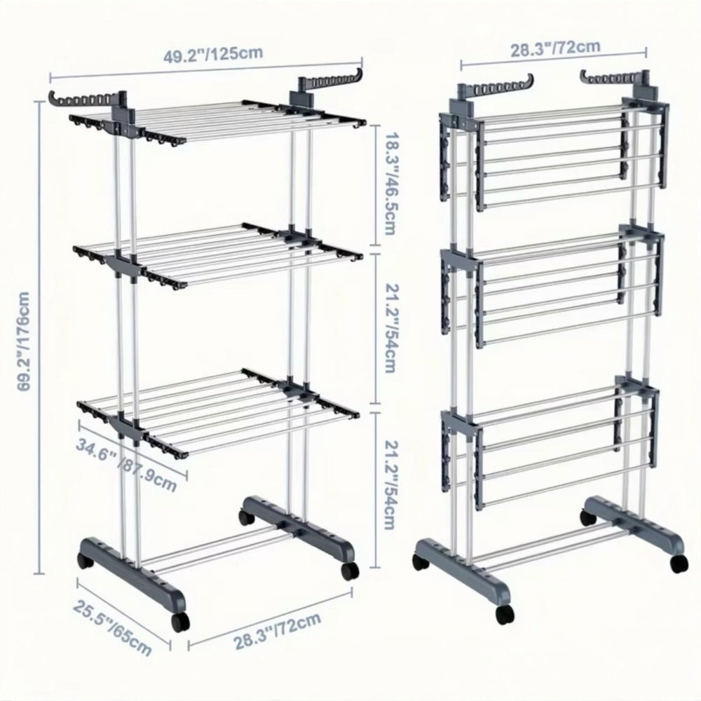 Tendedero de ropa, 4 Niveles Tendederos Plegables Vertical con Ruedas Amplio Espacio de Secado Tendederos, Acero Inoxidable Tendal para Exterior y Interiores