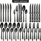Juego de vajilla de acero inoxidable negro de 36 piezas, vajilla de acero inoxidable de alta calidad, negro brillante, adecuado para 6 personas, juego de cubiertos de cuchillo, tenedor, cuchara, ideal para bodas, fiestas, cumpleaños, restaurantes, apto pa