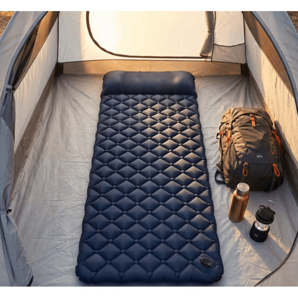 Colchón de camping inflable para una persona con almohada 190x58x5 cm XXL. Colchoneta de camping inflable ligera y colchoneta de camping en azul marino. Colchón de camping duradero con acolchado ergonómico en forma de diamante. Colchón de aire para una pe