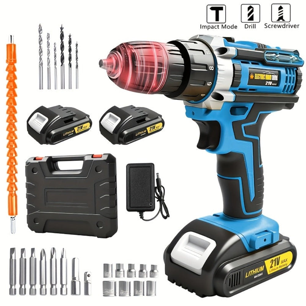 Juego de taladro inalámbrico. El nuevo taladro está equipado con un portabrocas sin llave de 3/8 de pulgada y una luz de trabajo. Tiene las funciones de un taladro de pistola T y un destornillador eléctrico ideal para proyectos domésticos. Con un diseño e
