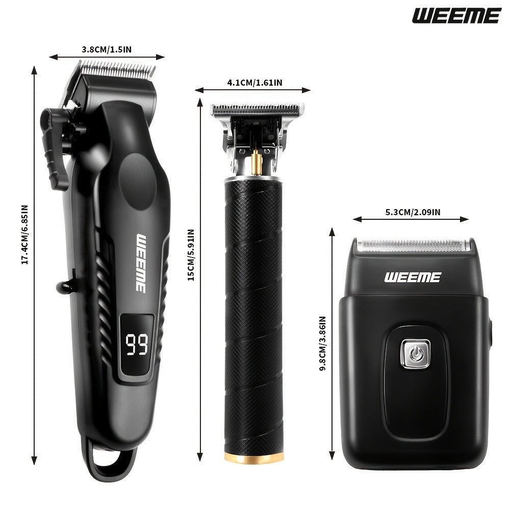 Kit de aseo eléctrico WEEME para hombre, , 3 piezas - Cortapelos + Recortador de barba + Máquina de afeitar eléctrica, carga USB, pantalla LCD de nivel de batería, ideal para peinado/afeitado/esculpir, uso en casa y viajes familiares en coche, regalo del