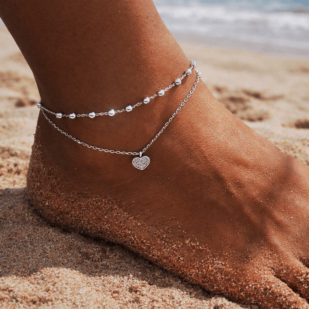 Tobillera para mujer bañada en plata 925, de 2 capas con colgante de corazón y pedrería, joya elegante de playa de verano, cadena de tobillo ajustable estilo bohemio, 20+7 cm, regalo para mujer