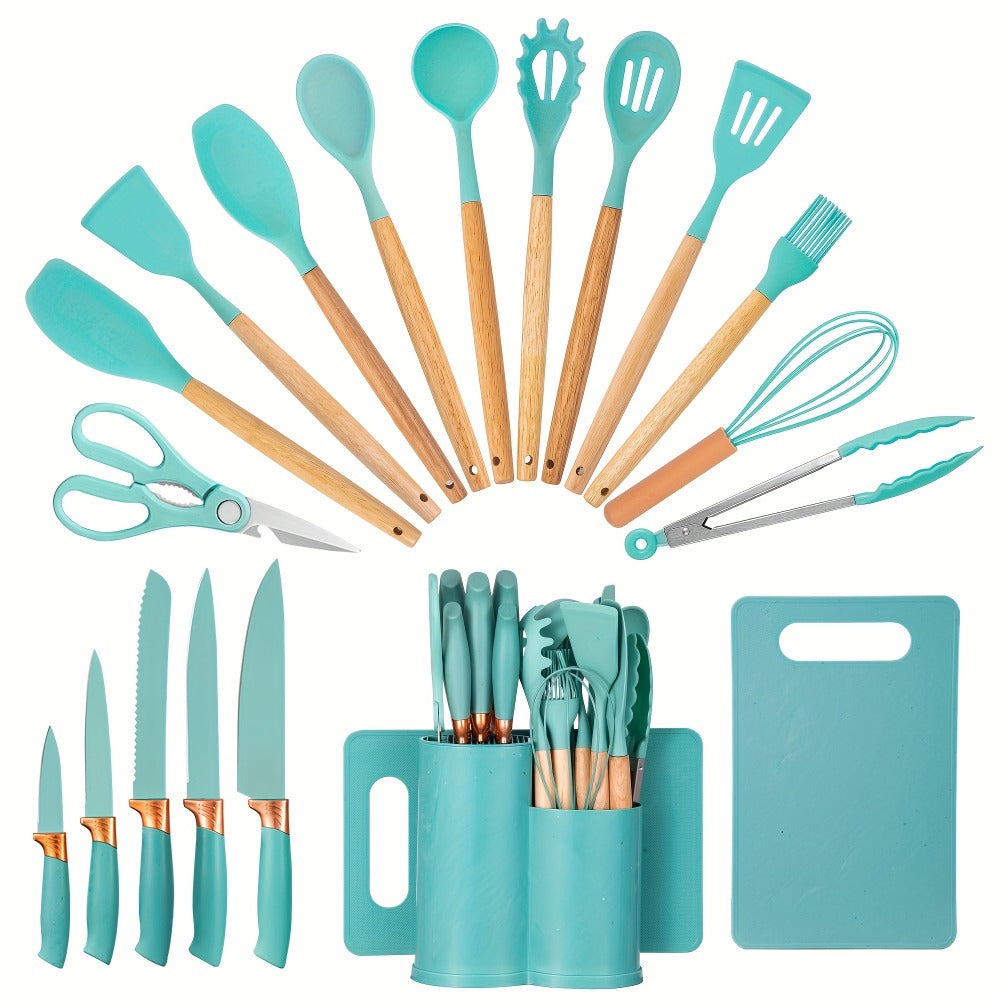 Juego de 19 piezas de cuchillos de cocina modernos y utensilios de cocina - Colección de hojas profesionales con mangos ergonómicos - Accesorios de cocina de alta calidad con soporte de almacenamiento - Herramientas de corte de espiga completa y esenciale