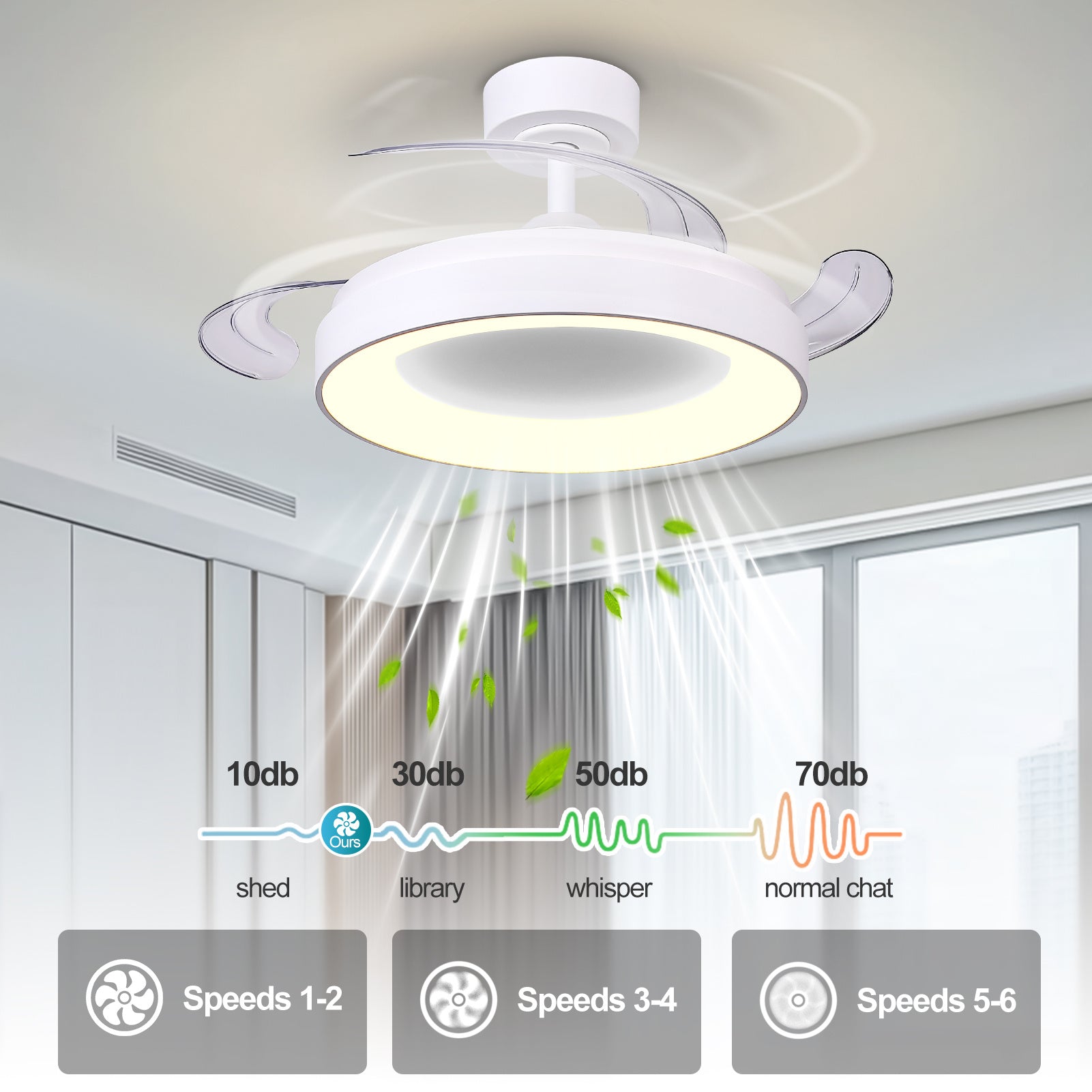 Ventilador de techo retráctil con luz para dormitorio salón y comedor | control remoto