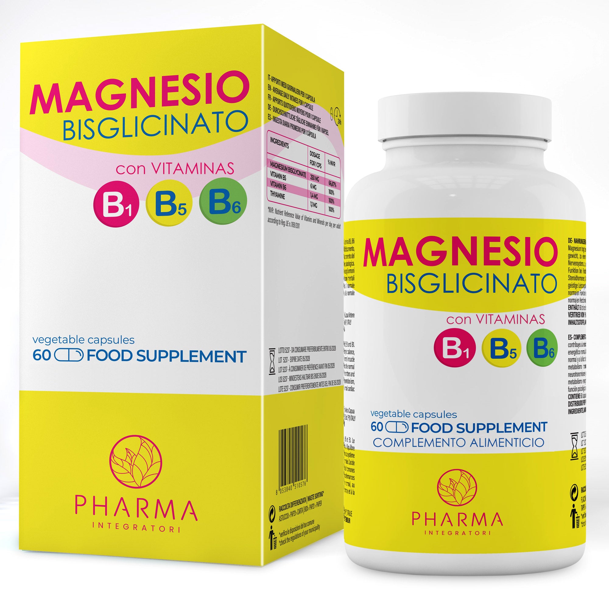 Magnesio bisglicinato con Vitamina B5, B6 y B1 – Suplemento de 60 cápsulas con 250 mg de bisglicinato de magnesio (2 meses)