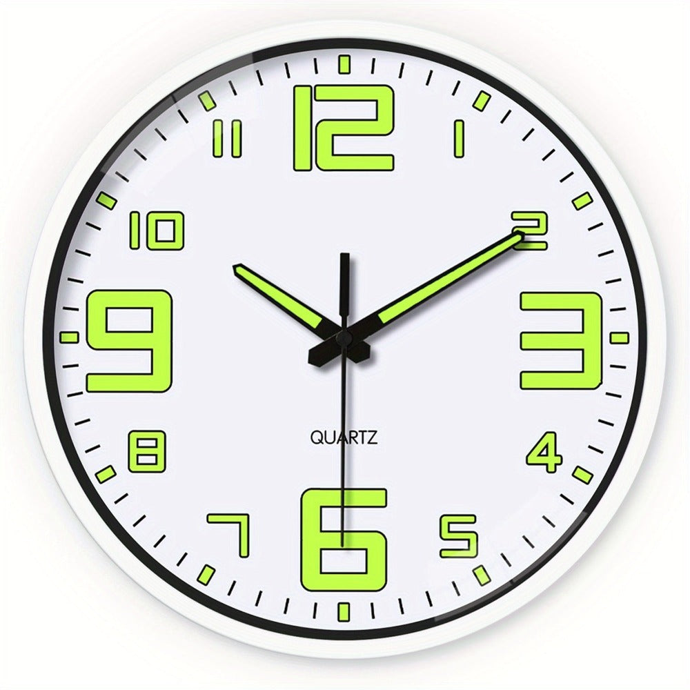 Reloj de pared de 12 pulgadas blanco que brilla en la oscuridad, números y manecillas luminosas que absorben energía, reloj de pared silencioso de plástico sin tictac, funciona con pilas, para sala, dormitorio, oficina, decoraciones de pared, regalos para