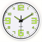 Reloj de pared de 12 pulgadas blanco que brilla en la oscuridad, números y manecillas luminosas que absorben energía, reloj de pared silencioso de plástico sin tictac, funciona con pilas, para sala, dormitorio, oficina, decoraciones de pared, regalos para