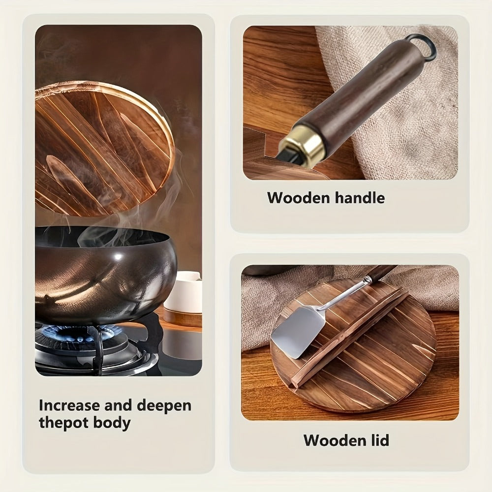 Olla Tradicional Artesanal de Hierro Fundido con Barriga Ancha - Superficie Espejo Antiadherente, Sin Recubrimiento, Diseño Antisalpicaduras y Tapa de Madera con Pomo - Construcción Resistente al Óxido para Distribución Uniforme del Calor - Esencial para