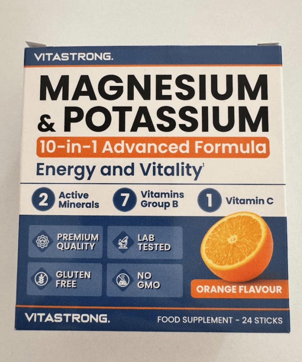 Vitastrong Magnesio y Potasio Fórmula 10 en 1, Sobres de Suplemento Multivitamínico de Potasio y Magnesio, 24 Barras con Vitamina C y Complejo B, Sin Sacarosa, Sin Gluten, Sabor a Naranja
