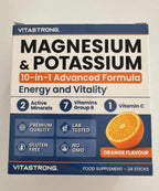 Vitastrong Magnesio y Potasio Fórmula 10 en 1, Sobres de Suplemento Multivitamínico de Potasio y Magnesio, 24 Barras con Vitamina C y Complejo B, Sin Sacarosa, Sin Gluten, Sabor a Naranja