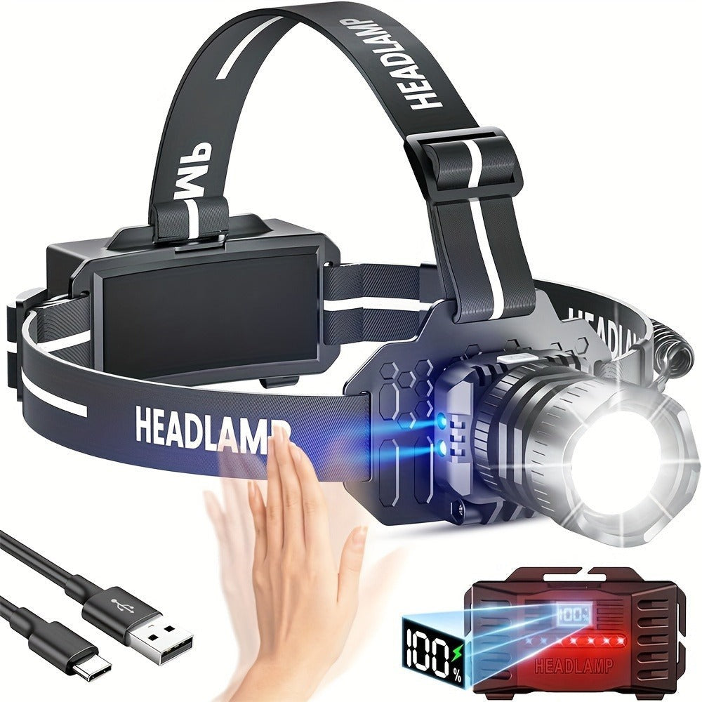 1/2pcs Linterna Frontal LED Recargable, 5 Modos de Iluminación con Luces de Advertencia de Luz Roja, Linterna Frontal Ajustable y Zoomable de 90° para Correr, Linterna Frontal de Caza Súper Brillante para Camping, Senderismo, Pesca, Running, Reparación de