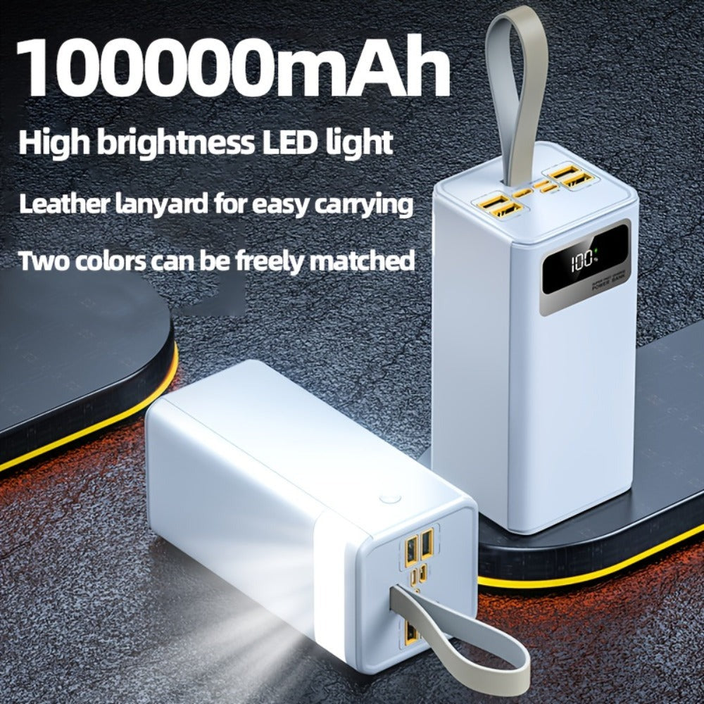Banco de energía de 100000 mAh, carga súper rápida de 22.5 W, banco de energía de capacidad ultragrand, pantalla digital inteligente, cordón de cuero, luz LED para acampada al aire libre, fuente de alimentación de respaldo para viajes, apto para teléfono,