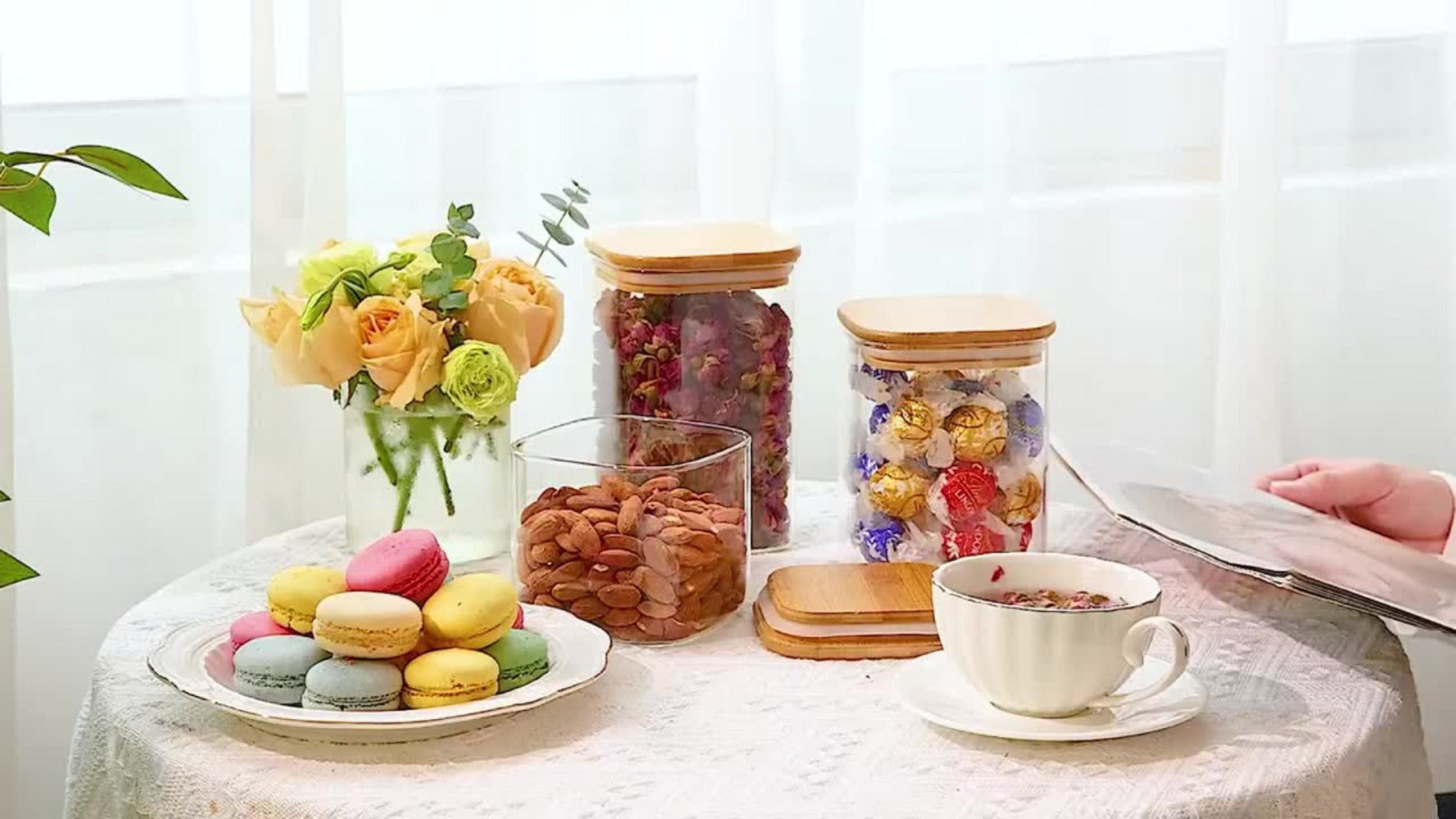 Almacén local, juego de 3/6 tarros de cristal para almacenar alimentos, recipientes de cristal transparente con tapa, botes para almacenar alimentos, tarros para especias, botes para té floreciente, café y azúcar, tarros herméticos de cocina de 24oz/51oz/