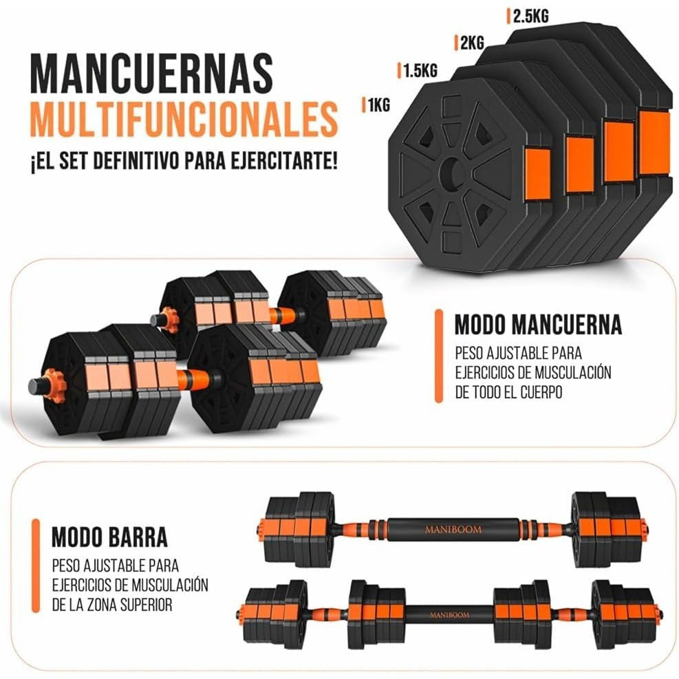 Juego de Mancuernas Ajustables 2 en 1. 10kg a 50kg - Kit de Pesas con Barra Recta Ajustable y Antideslizante - Pesas y Mancuernas Discos Recubiertos