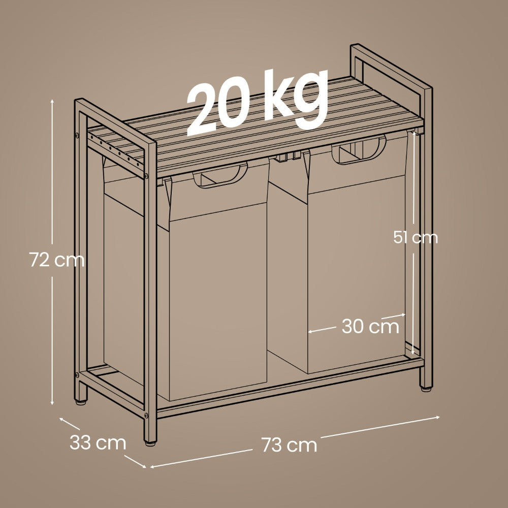 Cesto para Ropa Sucia, Cesta Colada, Estante, Marco Metálico, 2 x 46 L, 73 x 33 x 72 cm