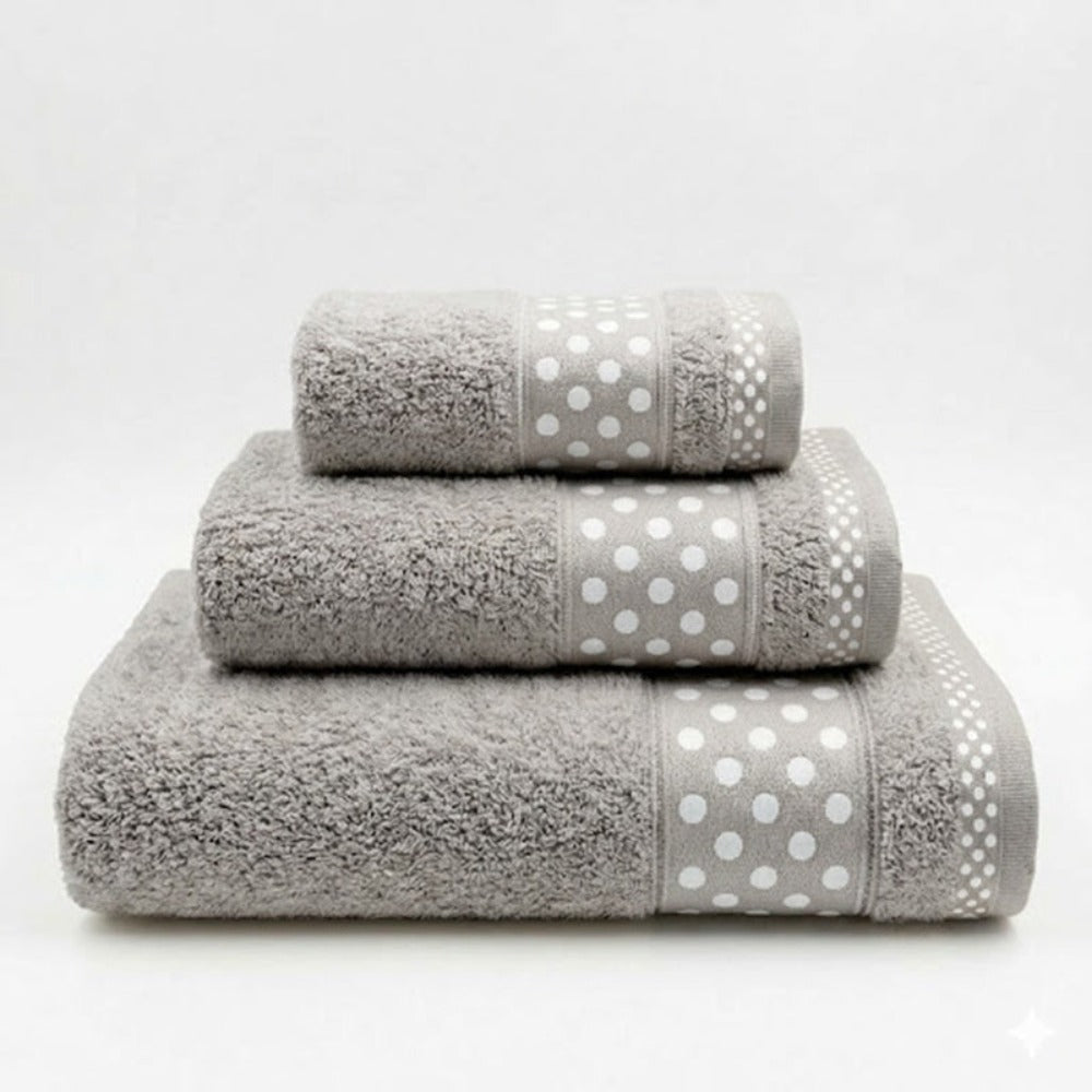 Juego de Toallas de Algodón 100% (3 Piezas) - Incluye Toalla de Tocador, Lavabo y Ducha | Tacto Suave, Ultra Absorbentes con Diseño Elegante de Lunares | Set Premium para Baño