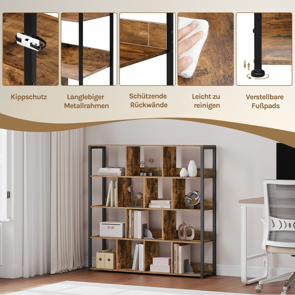 Estantería de Oficina, Estante de Almacenamiento, Estante de 4 Niveles, Estantería de 14 Compartimentos, Adecuada para Oficinas, Estudios y Salas de Estar, 120x30x120 cm, Color Madera Quemada/Veta de Madera Clara + Blanco