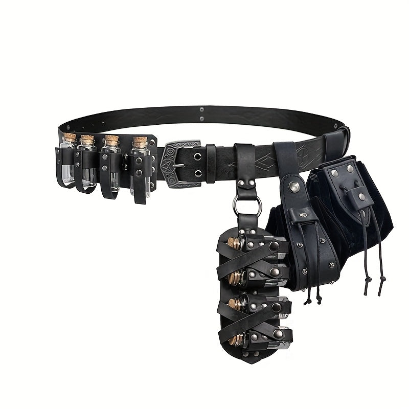 Juego de 5 piezas de cinturón medieval vintage con hebilla de cuero sintético repujado, riñonera portátil renacentista, bolsa lateral, riñonera con remaches, bolsa de dados con 8 botellas de corcho, accesorios de cinturón de botellas de poción de mago de