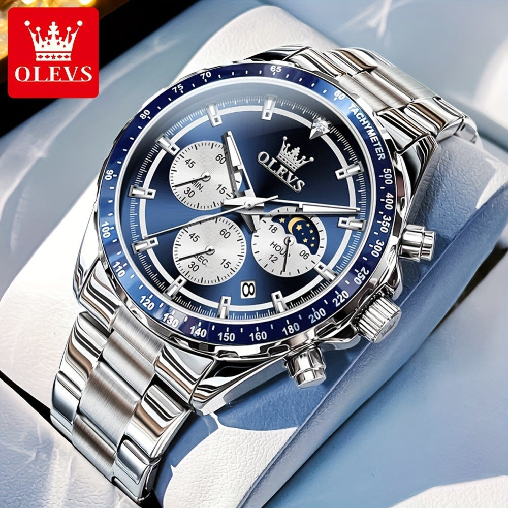 OLEVS Relojes para Hombre Fase Lunar Esfera Acero Inoxidable/Correa de Cuero Cronógrafo Lujo Negocios Vestir Analógico Cuarzo Relojes Masculinos Clásicos Casual Caballero Relojes de Pulsera Luminosos Esfera Negra/Blanca/Azul/Verde