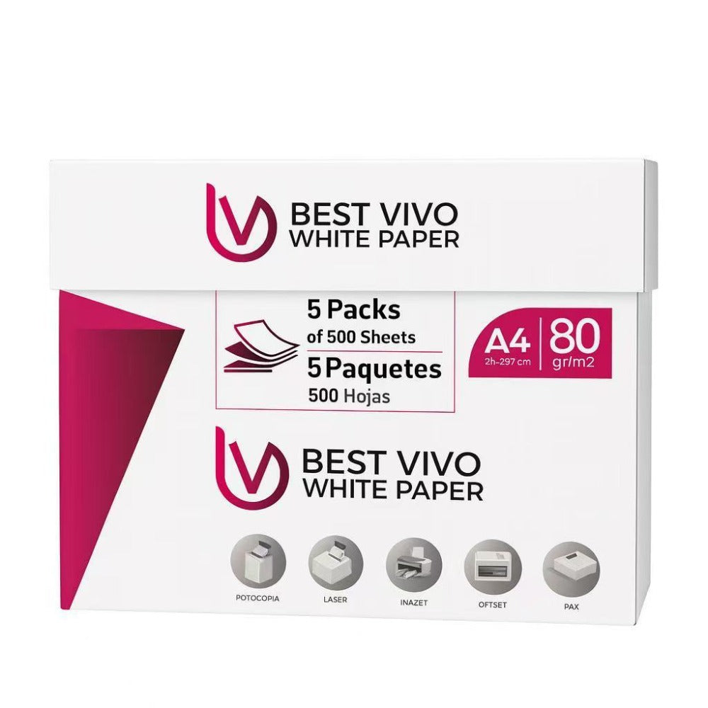 VORTEX Papel Folio A4 80gsm Pack 500 hojas, Box 5pack BEST VIVO WHITE PAPER