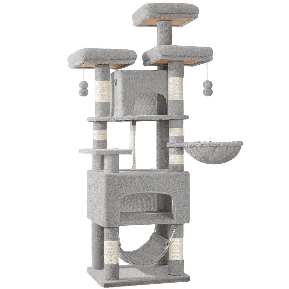 Árbol para Gatos, 176cm, Tamaño XL con 3 Plataformas, 2 Cuevas, 7 Postes Rascadores, Hamaca y Pelota de Felpa – Ideal para Familias de Gatos en Gris Claro/Gris Oscuro Beige, Torre de Escalada para Mascotas, Enriquecimiento Felino, Árbol Ahorra Espacio, Mu