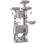 Árbol para Gatos, 176cm, Tamaño XL con 3 Plataformas, 2 Cuevas, 7 Postes Rascadores, Hamaca y Pelota de Felpa – Ideal para Familias de Gatos en Gris Claro/Gris Oscuro Beige, Torre de Escalada para Mascotas, Enriquecimiento Felino, Árbol Ahorra Espacio, Mu