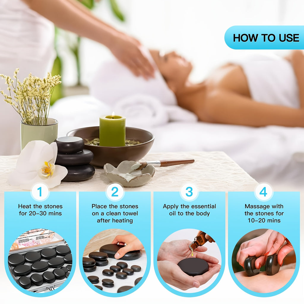 Set de Masaje con Piedras Calientes, Herramientas Profesionales de Masaje Spa, para Cuello, Espalda, Piernas, Pies, Masaje de Cuerpo Completo, Set de 10/20 Piezas de Piedras Calientes Ajustable de Temperatura de 7 Velocidades