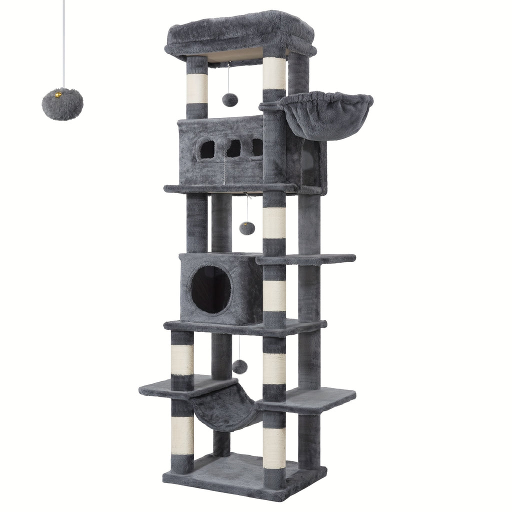 Torre para gatos de interior, 170 cm de alto, casa espaciosa de varios niveles con condominio, 8 postes para rascar, una hamaca y 4 pompones