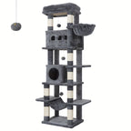 Torre para gatos de interior, 170 cm de alto, casa espaciosa de varios niveles con condominio, 8 postes para rascar, una hamaca y 4 pompones