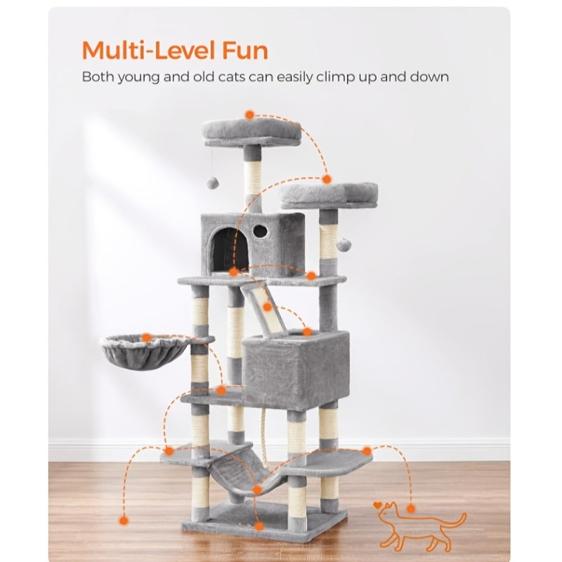 Rascador para gatos | Árbol para Gatos Feandrea de Gran Tamaño con Múltiples Niveles - 13 Postes Rascadores, 2 Plataformas y Hamaca Acogedora