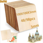 Dofiki 48/98 piezas Madera contrachapada de tilo 100x100x3mm, Madera sin acabado de 3mm para decoración y modelos de corte láser, bocetos, pintura, tallado, carpintería y quema
