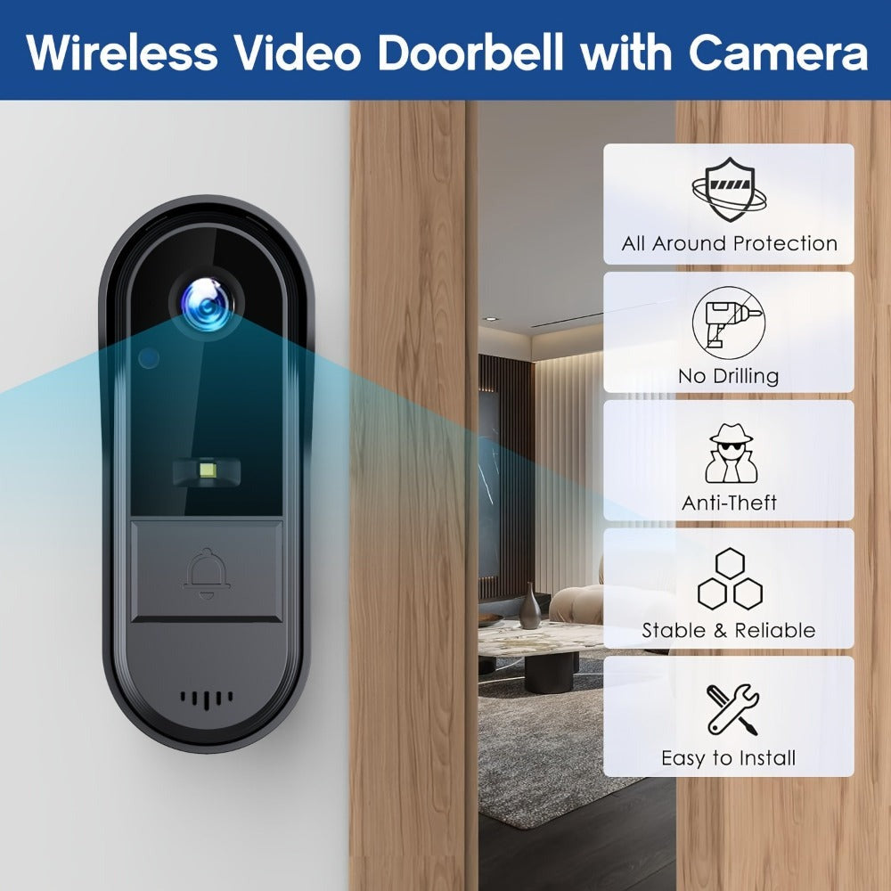 Cámara de Video Timbre Inalámbrica Wi-Fi, Cámara de Video Timbre Interior/Exterior, Detección Humana por IA y Alertas Instantáneas, Visión Nocturna HD 1080P, Audio Bidireccional, Monitor Interior en Tiempo Real, Alimentación USB, Batería de Larga Duración