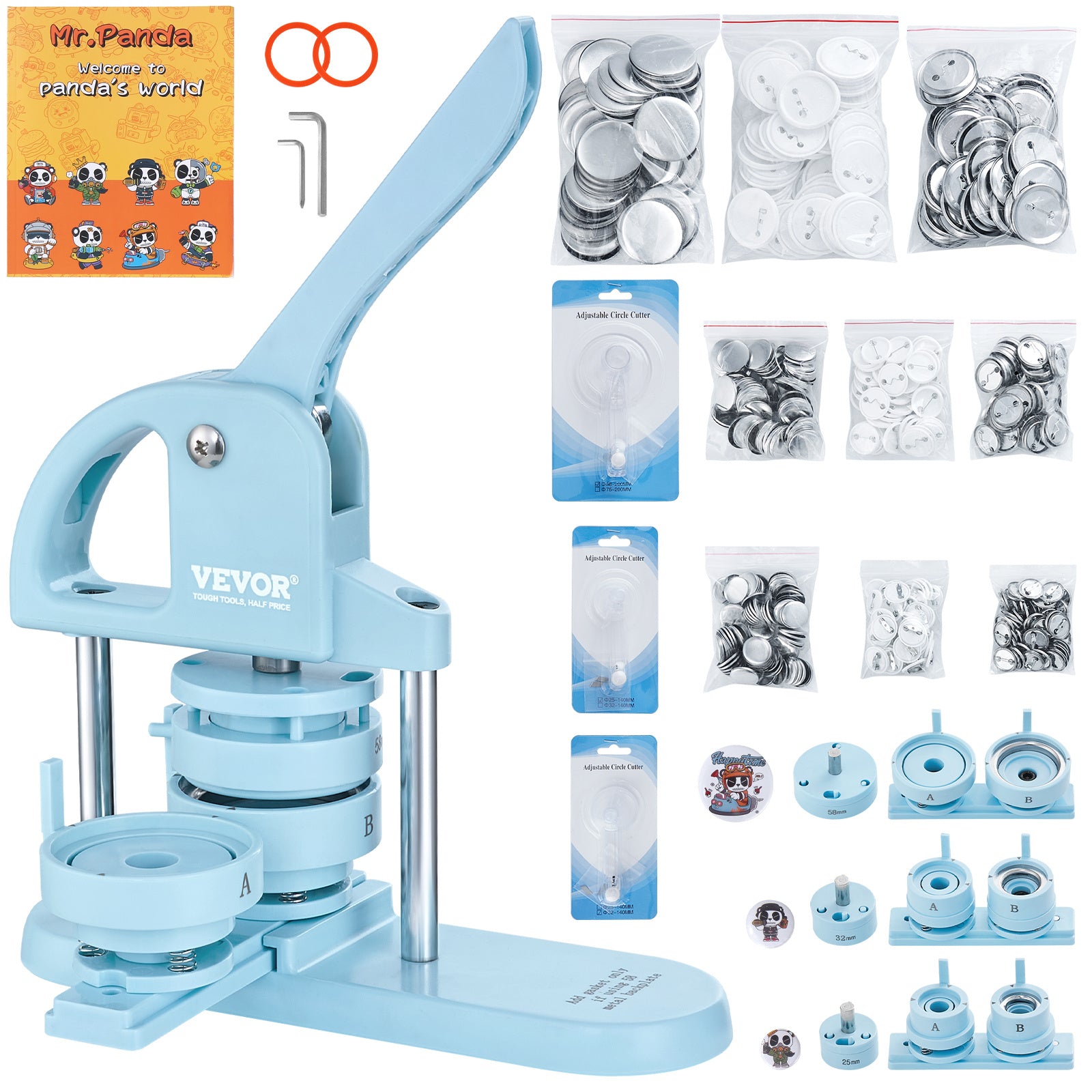 VEVOR Máquina para Hacer Botones, 1/1.25/2.28 pulgadas (25/32/58mm) 3 EN 1, Máquina para Poner Pines, 300 Piezas para Botones, Máquina para Hacer Botones con Libro Mágico de Panda, Kit de Prensa de Punzonado con Mango de Arco Ergonómico, Para Regalos DIY