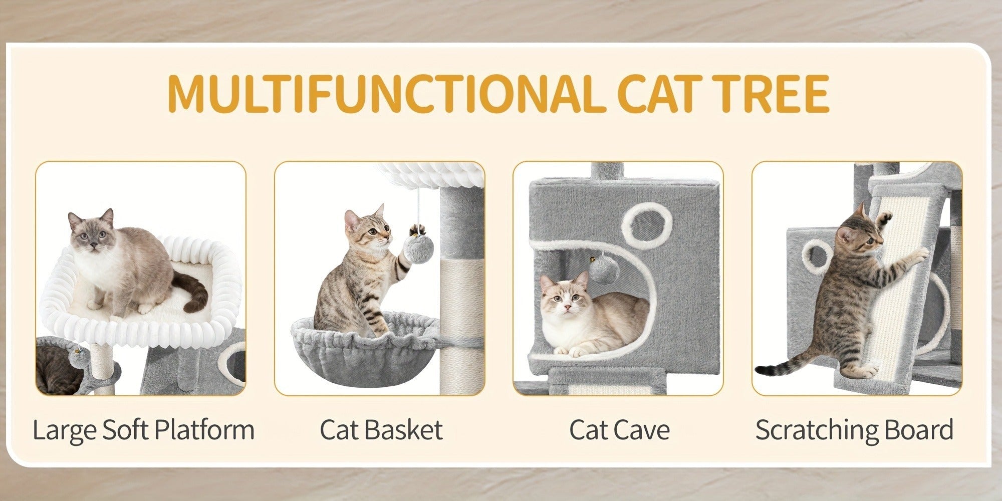 Torre para Gatos Pequeña, 98Cm de Alto, Espaciosa y Robusta, con un Perch Grande Suave, Juguetes de Felpa, Escondites, Postes para Rascar, Alfombrilla para Rascar Gatos, Disponible en Gris Claro/Gris Oscuro/Beige