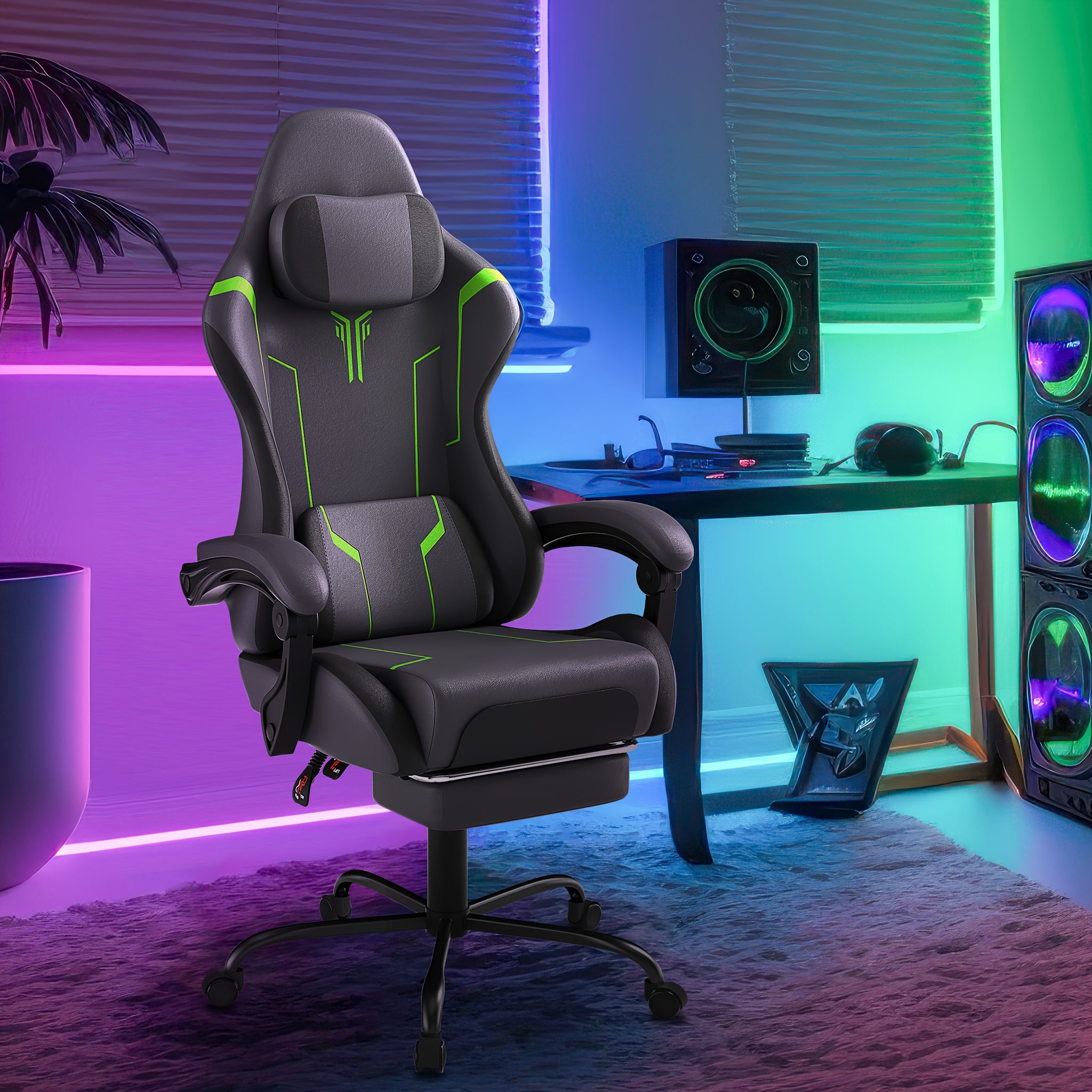 Silla Gaming Ergonómica con Soporte Lumbar Ajustable, Reposacabezas, Reposabrazos y Reposapiés, Ideal para Oficina y Gaming en PC, con Inclinación de 135° y Capacidad de Peso de 150 Kg