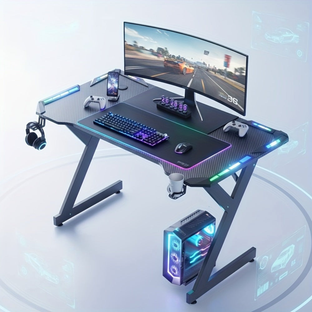 Escritorio de Oficina con Iluminación LED, 100 cm de Tamaño Extra Grande con Revestimiento de Fibra de Carbono, Escritorio para Hogar/Oficina y Gaming, con Portavasos y Soporte para Auriculares, , con Organizador de Cables, Ideal para Trabajadores Remotos