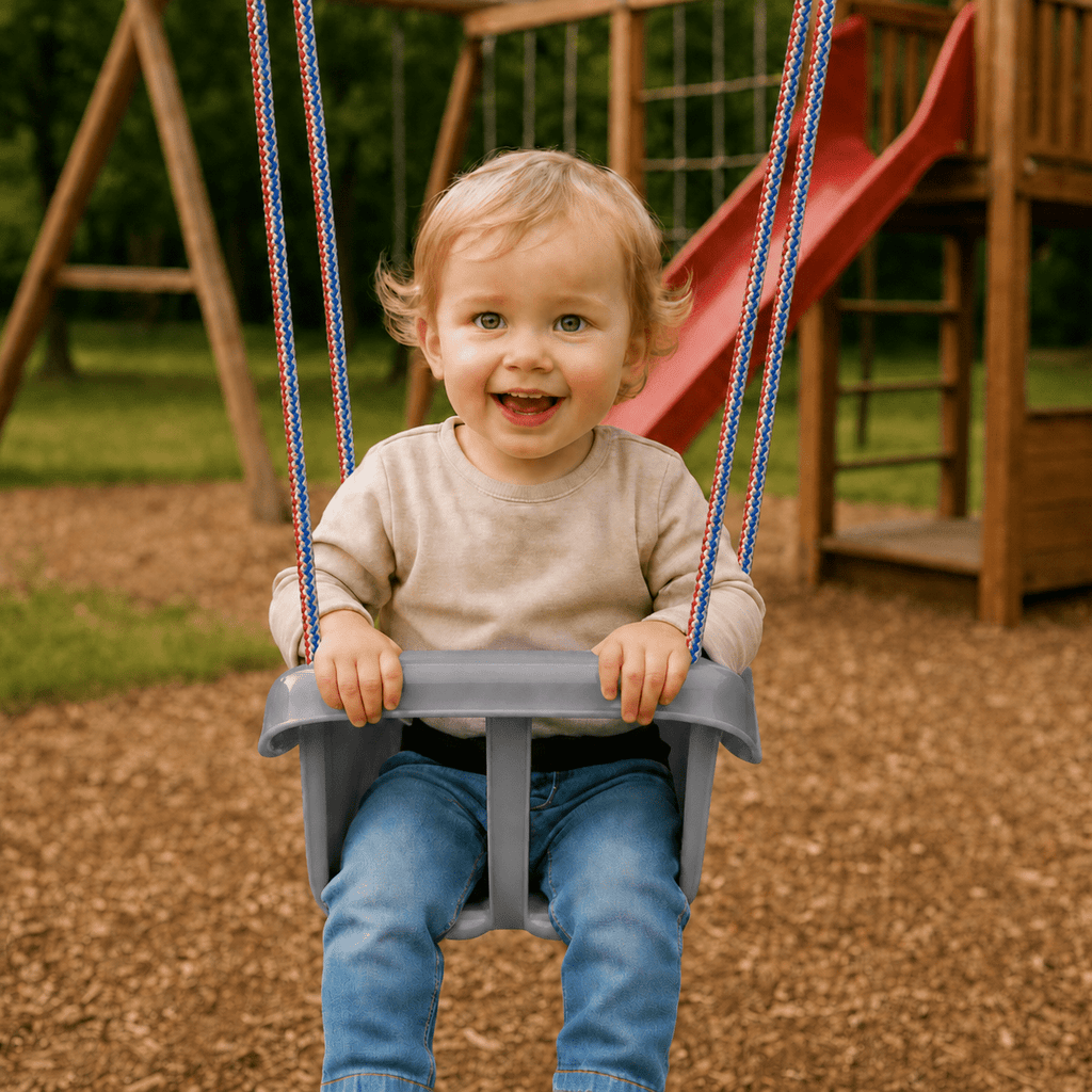 Colgacama tipo cubo para niños con cinturón de seguridad y cuerdas ajustables, asiento con respaldo alto y protección lateral, polipropileno duradero resistente a las condiciones climáticas y radiación UV, colgacama fácil de limpiar para el jardín, terraz