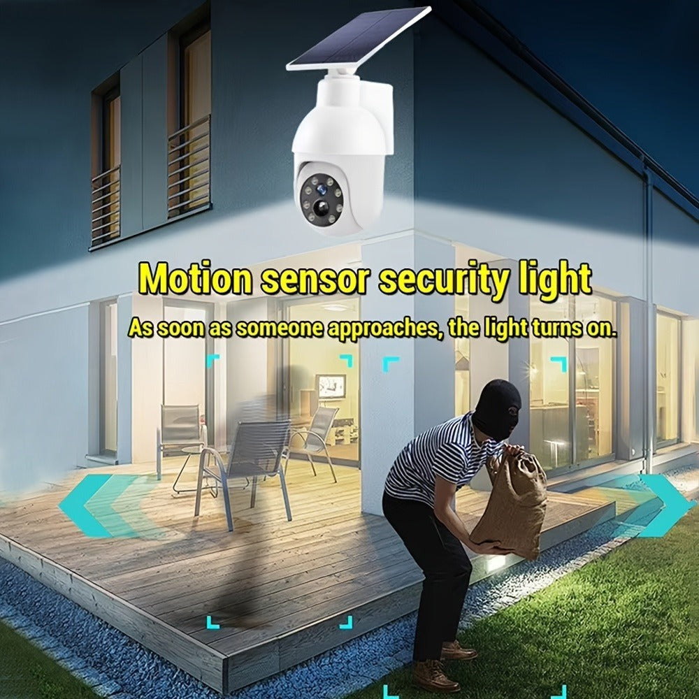 Lámpara de seguridad inteligente con energía solar, -rated; Lámpara de iluminación con sensor de movimiento con energía solar; Batería de litio de 2200 MAh, Foco de cámara de vigilancia de doble con forma realista; Sin funcionalidad de vigilancia real; Lá