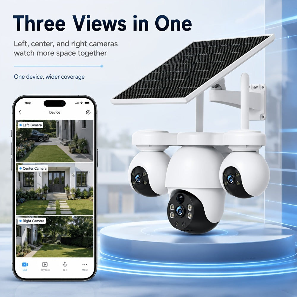Cámara Solar Exterior V380MAX de Tres Lentes y Tres Ángulos, Cámara de Seguridad Inteligente Solar, Conexión WiFi Inalámbrica, Adecuada para Hogar, Tienda y Exteriores, Visión Nocturna en Color Ultra HD, Detección de Movimiento, Voz Bidireccional, Rotació
