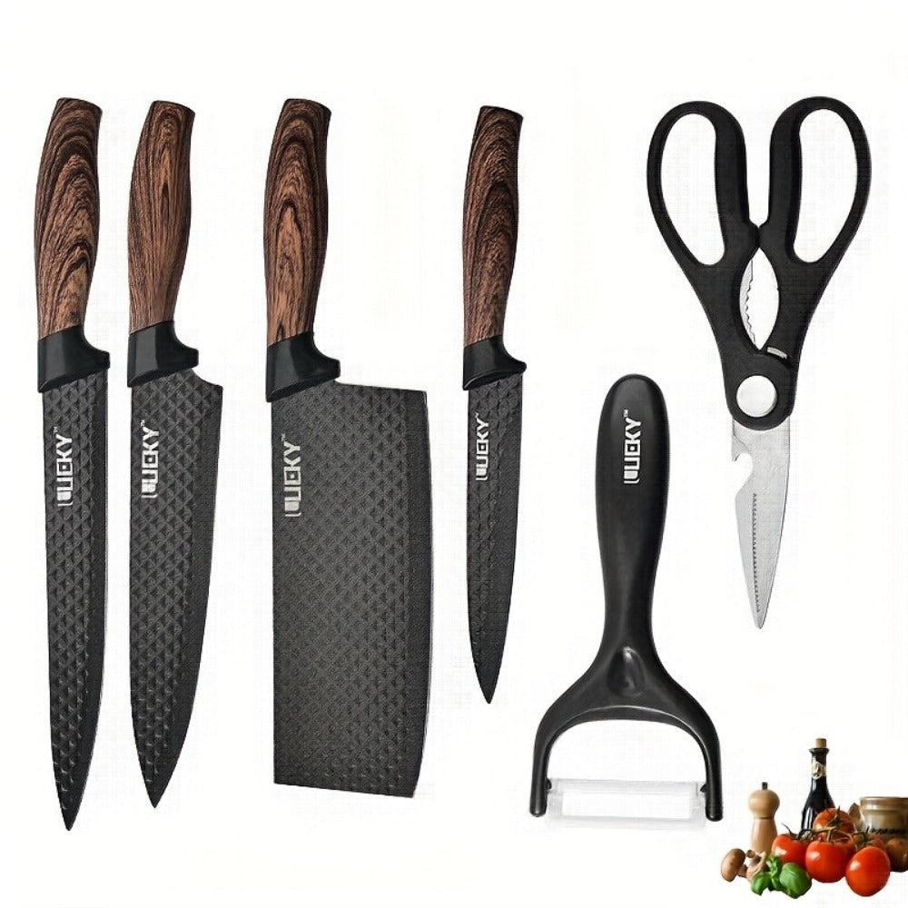 Un juego de 6 cuchillos de cocina para chef con hojas de acero inoxidable, famosos por su filo y durabilidad. Este juego incluye un mango ergonómico, tijeras y un pelador, todos resistentes al óxido y fáciles de mantener.