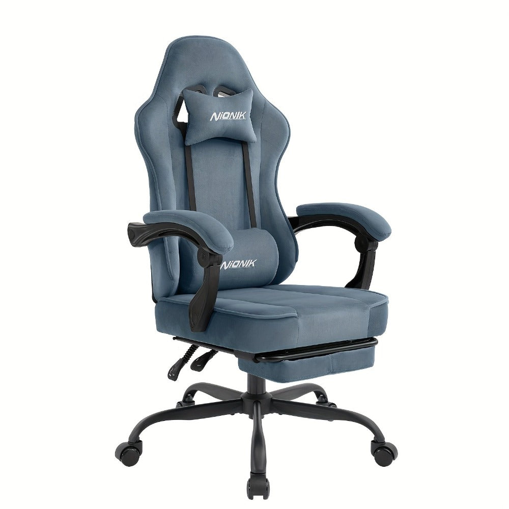 Silla de gaming SUKIDA de tela, silla de gaming ergonómica con reposapiés, silla de carreras para ordenador ajustable con soporte lumbar, silla ergonómica para PC negra