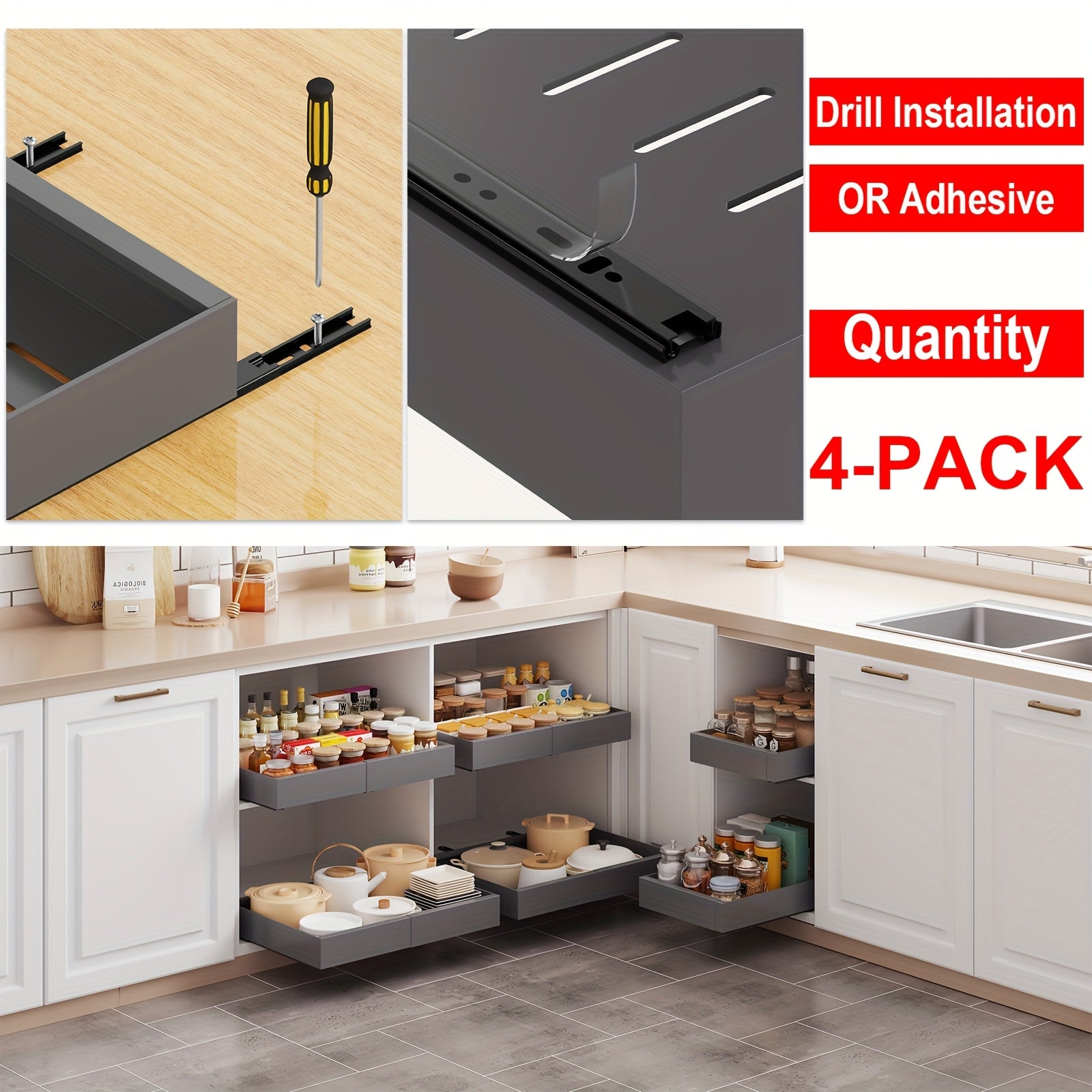 Juego de 4 organizadores extraíbles para gabinetes, cajones extensibles y ajustables (32.0cm-52.07cm de ancho), instalación sin taladro con adhesivo fuerte, estante deslizante de acero al carbono inoxidable, capacidad de carga de 27.22 kg
