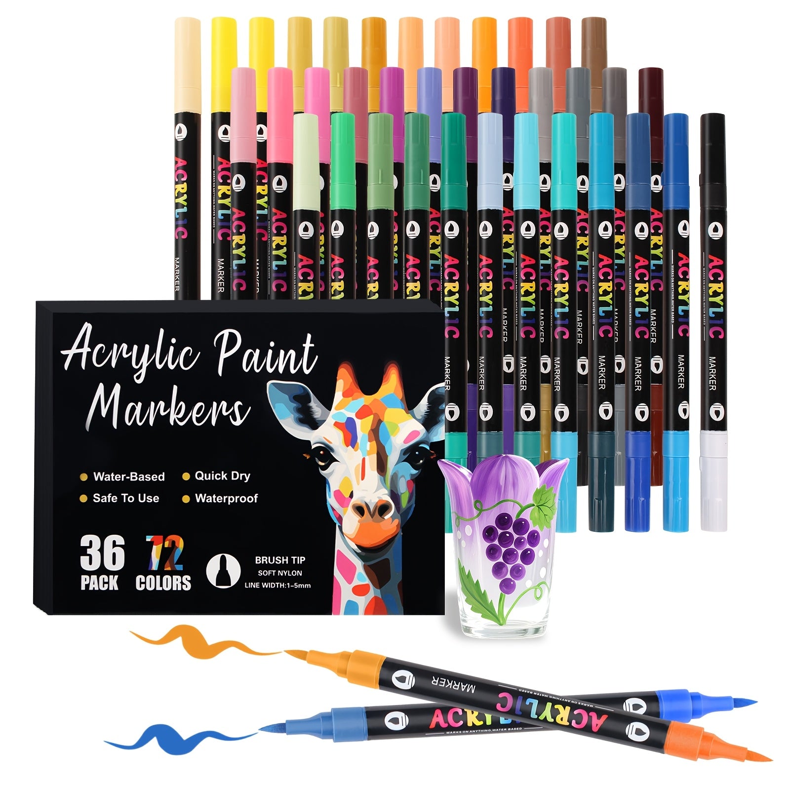Paquete de 12 rotuladores de pintura acrílica de 24 colores/paquete de 24 de 48 colores/paquete de 36 de 72 colores, punta de pincel de doble cabeza, bolígrafo de pintura acrílica de dos colores, apto para adultos, piedra, madera, roca, lienzo, plástico,