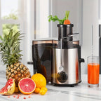 Licuadora de 400W con un gran conducto de alimentación para frutas y verduras enteras, fácil de limpiar, diseño centrífugo de acero inoxidable, base antideslizante, extremo plateado