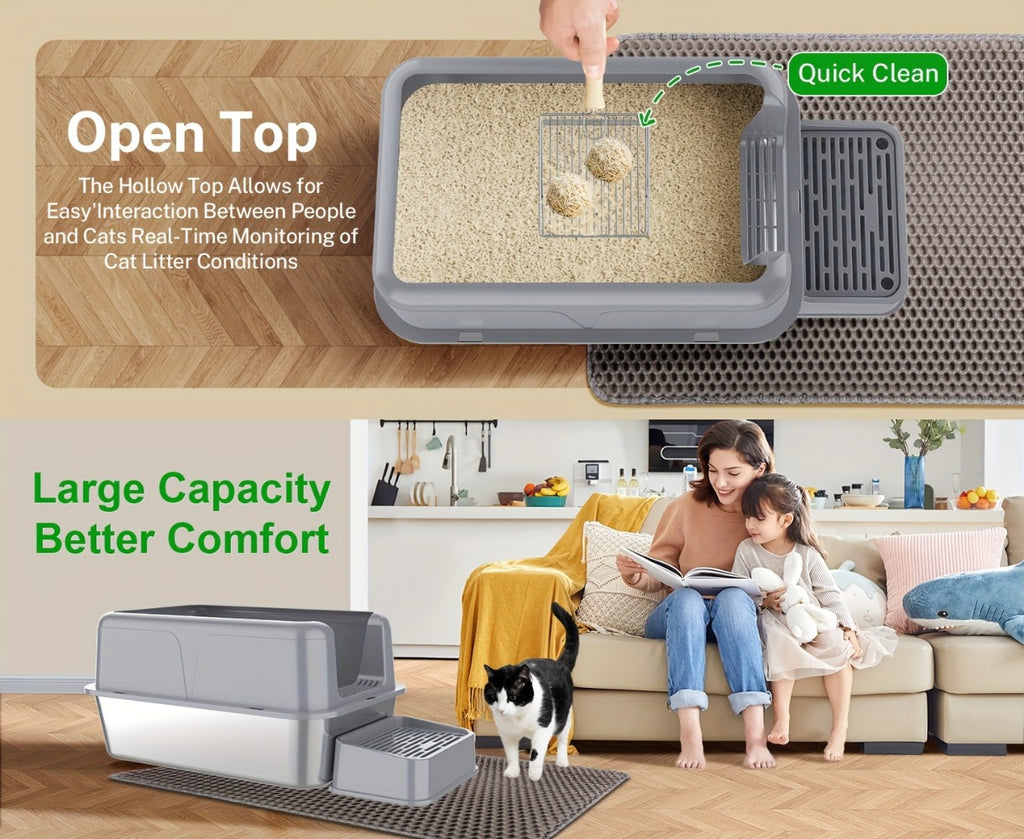Bandeja de arena para gatos XXL de acero inoxidable con recinto desmontable, gran capacidad de 32L, incluye tapete XXL para arena de gato, pala metálica y escaleras para gatos mayores, apta para todos los gatos