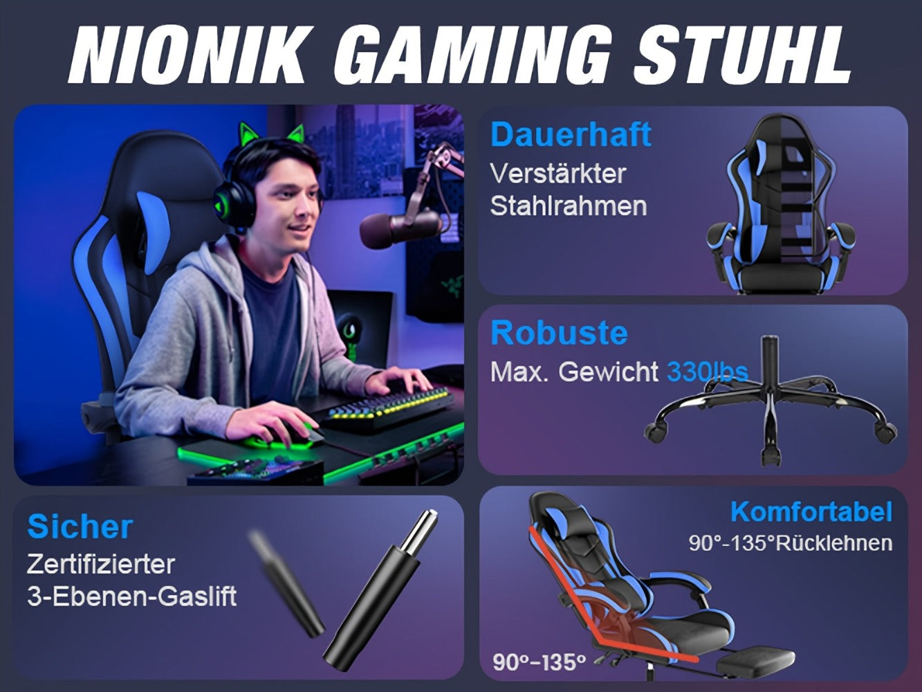 Silla Gamer, Silla de Computadora, Inclinación de Respaldo de 135°, Silla Ergonómica con Reposapiés, Silla de Oficina, Silla de Computadora Ergonómica con Soporte Lumbar, Silla para Esports
