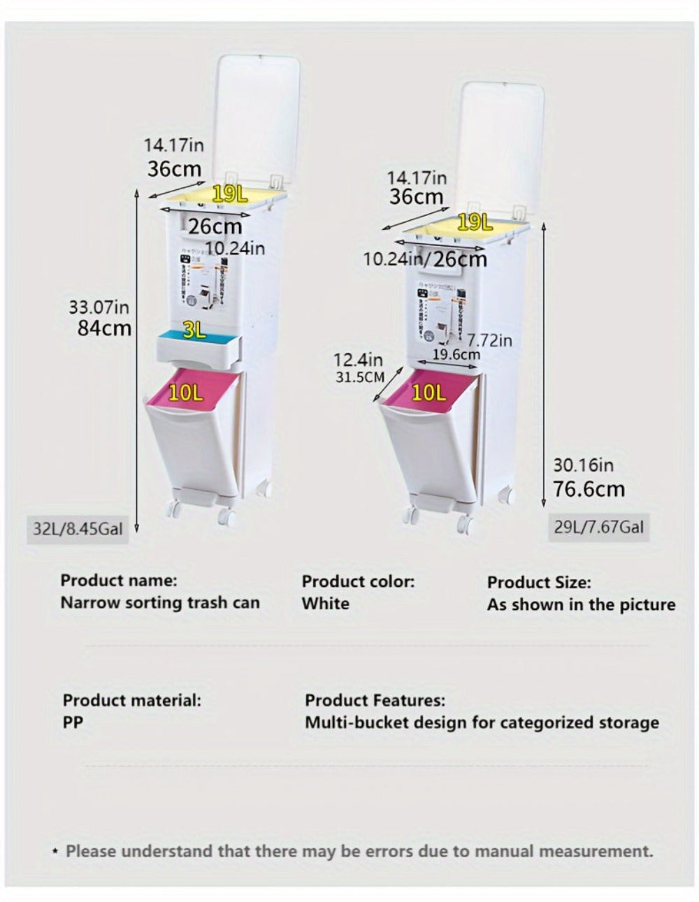 Cubo de basura estrecho de cocina de 32L con tapa, clasificación selectiva con división o dos contenedores interiores, pedal para separación de residuos secos y húmedos, contenedor de plástico para ahorrar espacio para cocina y baño