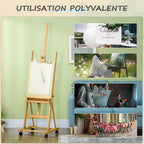 Caballete plegable para artista Vinsetto sobre ruedas, hecho de madera de haya, para lienzos de hasta 118 cm, altura ajustable, inclinación ajustable hasta 90° máximo, con soporte para pinceles de madera natural