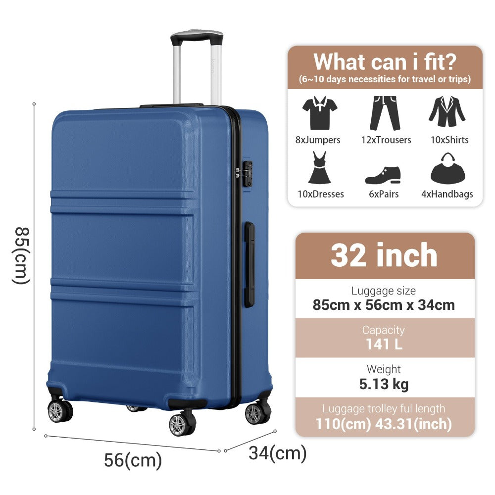 Kono ABS+PC Maleta Extra Grande de 32 Pulgadas, Diseño Horizontal Esculpidor, Equipaje Rígido con Ruedas y Mango Telescópico